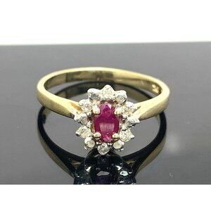 Red Gemstone Diamond Cocktail Ring 10k Yellow Gold Womens Estate Jewelry SZ 6.25